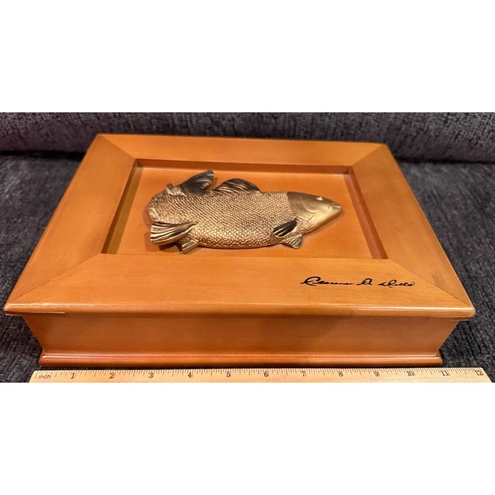 VTG Maple Wood Trinket Jewelry Box 3D Salmon Fishing Lid Clarence A Wells Signed